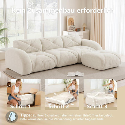Modulares Cord Sofa 3-Sitzer mit Fußhocker – Weiß