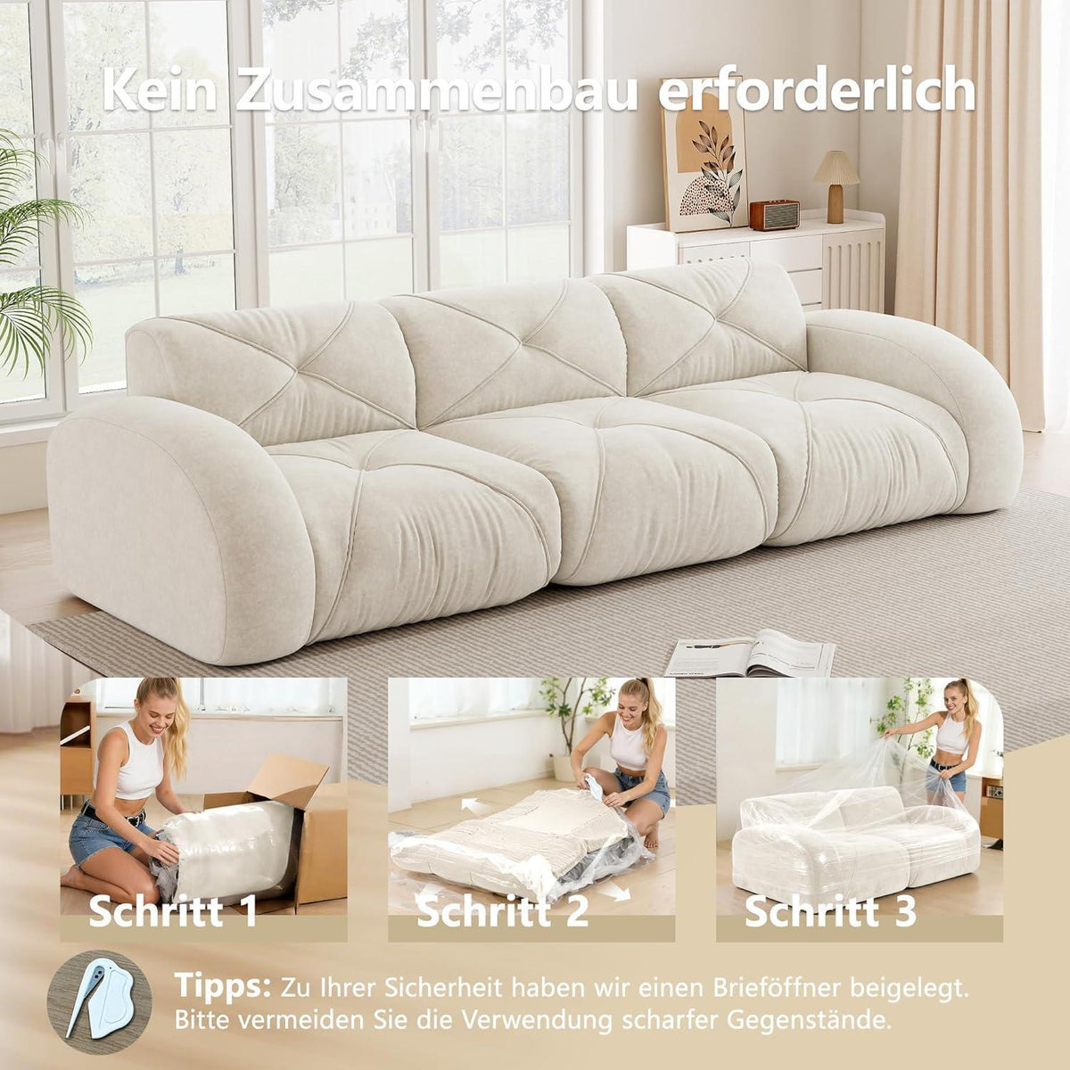 Modernes 3-Sitzer Cord Sofa – Rahmenlos & Komfortabel (Weiß)