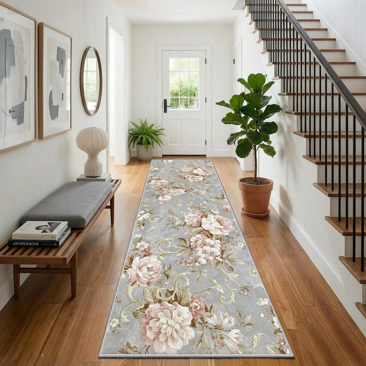 Vintage Läufer Teppich 80x300cm Grau Rosa Flur Küche Schlafzimmer