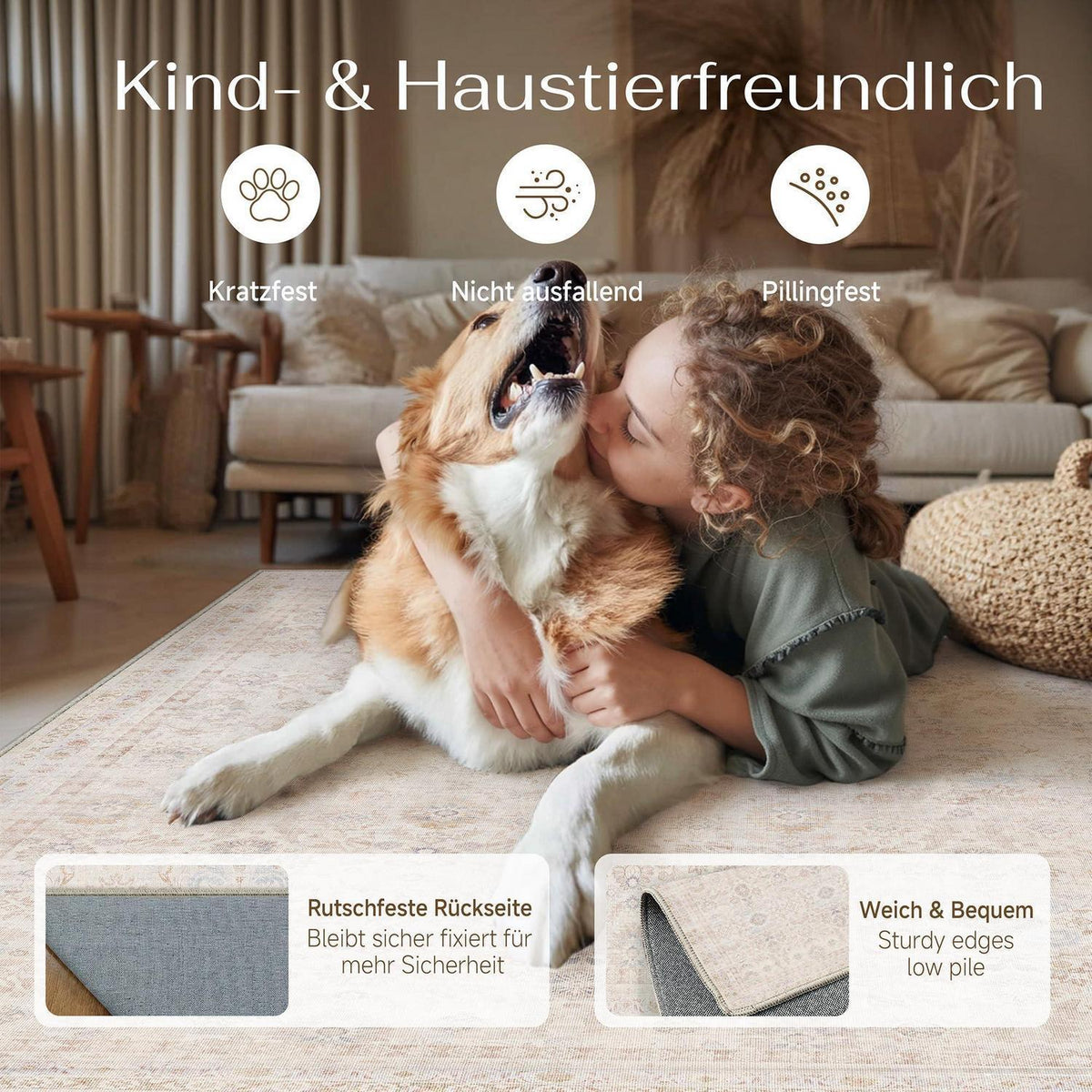 Waschbarer Vintage Teppich Hellbeige 300x400cm