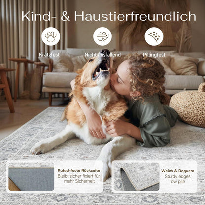 Waschbarer Wohnzimmerteppich Grau 300x400cm – Vintage Design
