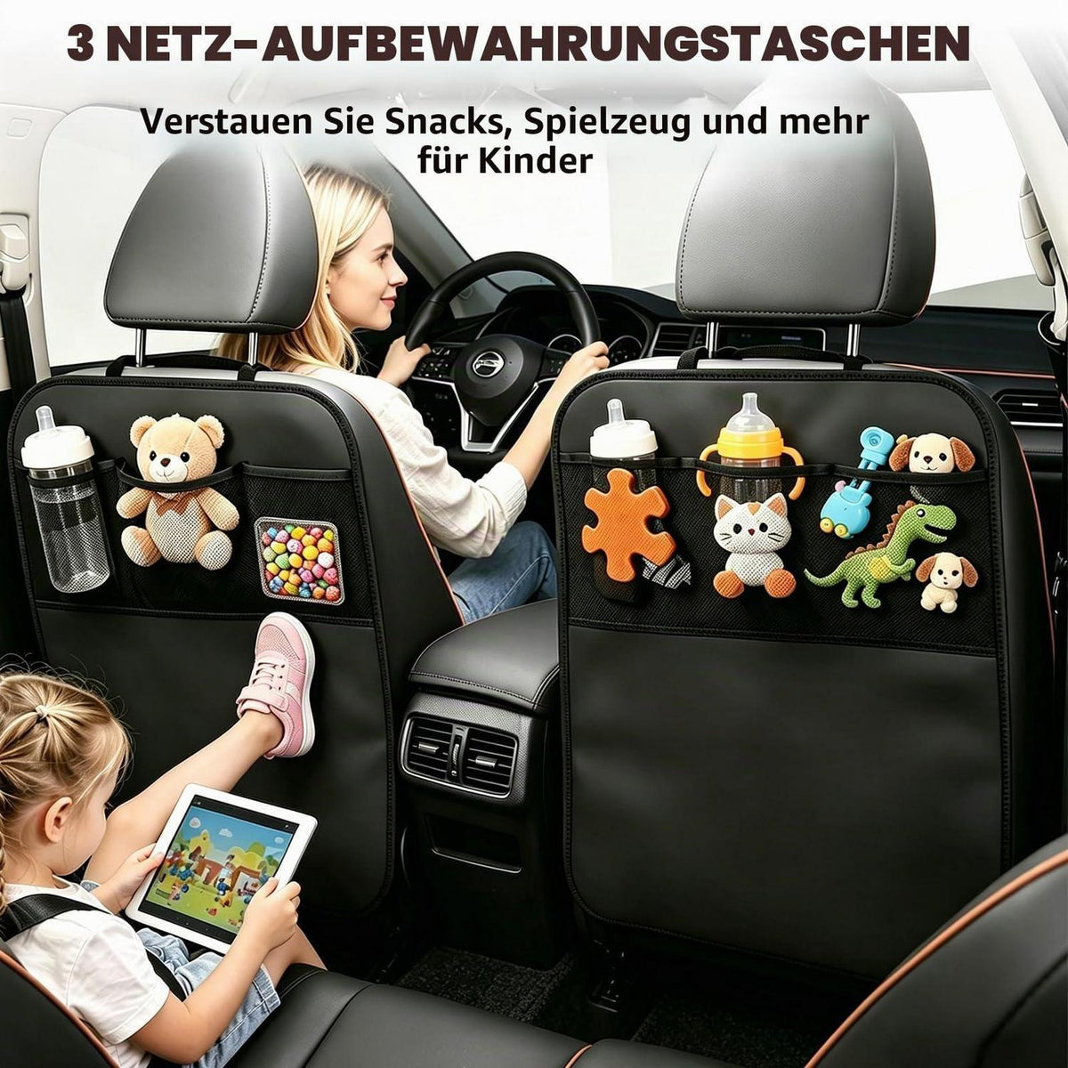Autositz Schutz Rückseite Kinder – 2er Set mit Taschen