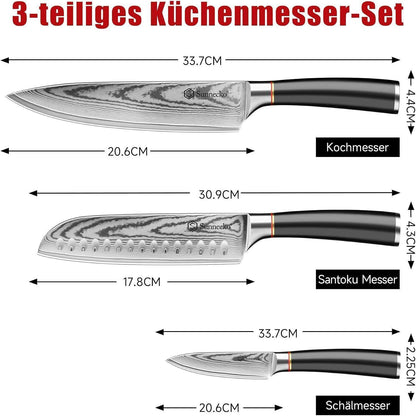 3-tlg Damast Messerset | Professionelle Küchenmesser Set