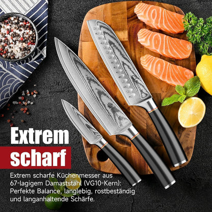 3-tlg Damast Messerset | Professionelle Küchenmesser Set