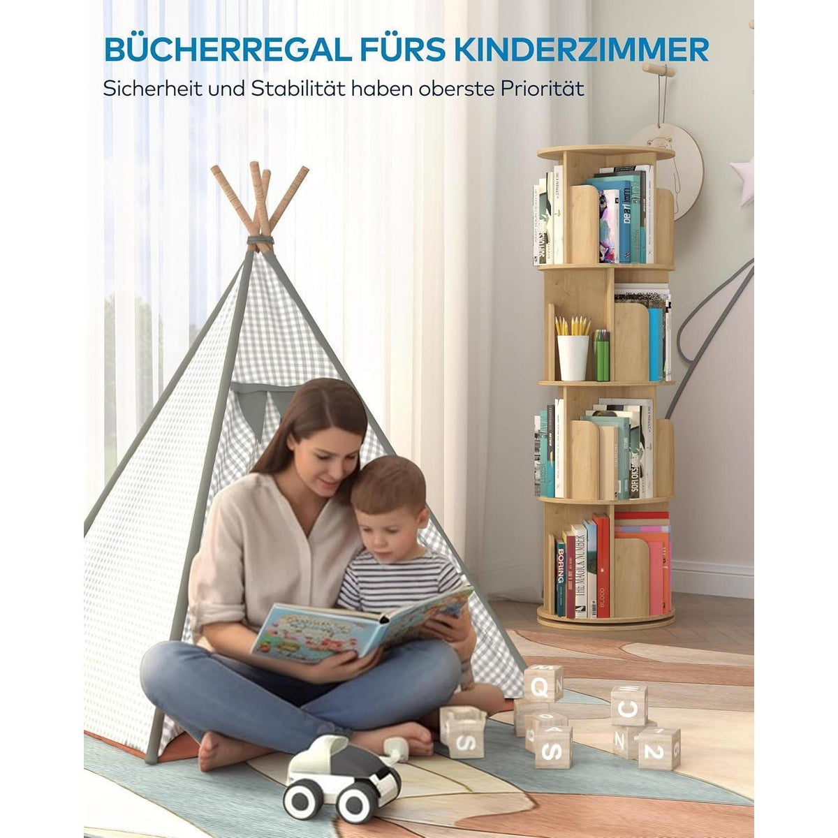 Drehbares Bücherregal Holz 4 Ebenen – Platzsparend & Flexibel