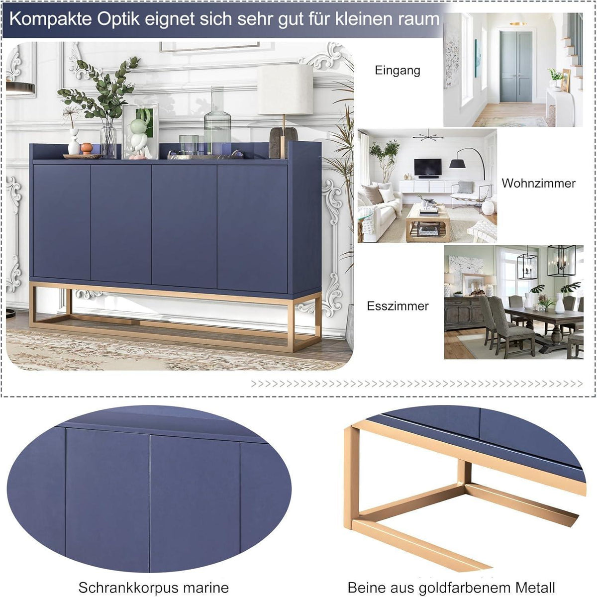 120cm Sideboard Blau – Küchenschrank mit Arbeitsplatte & Regalen