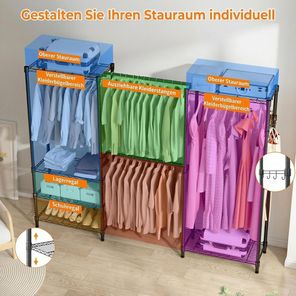 Stabiler Kleiderständer mit Regalen & Kleiderstangen
