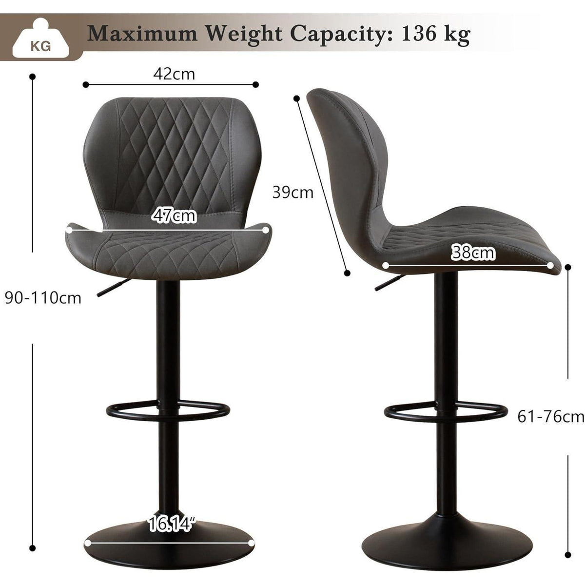 Barhocker Set 6x, Höhenverstellbar, Dunkelgrau