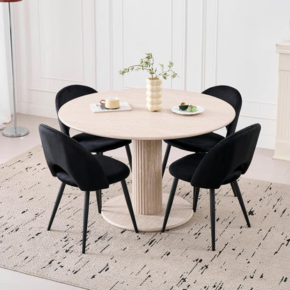 Runder Esstisch Set mit 4 Samtstühlen – Beige & Schwarz
