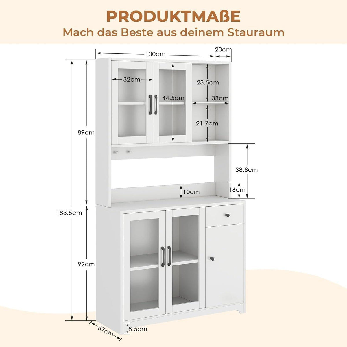 Hoher Küchenschrank mit Arbeitsplatte & Haken – Weiß
