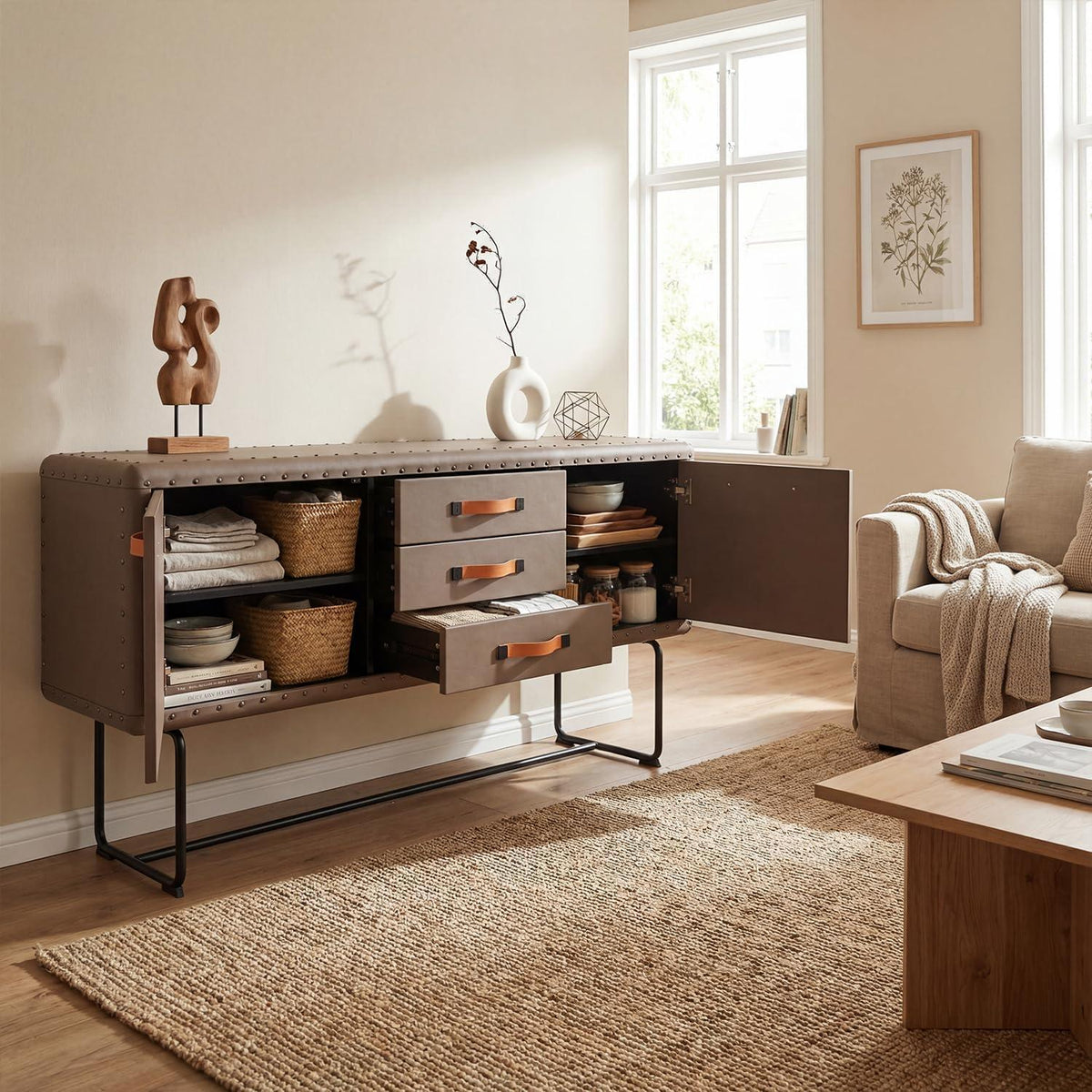 Industriales Sideboard 160 cm Braun – Kommode in Lederoptik
