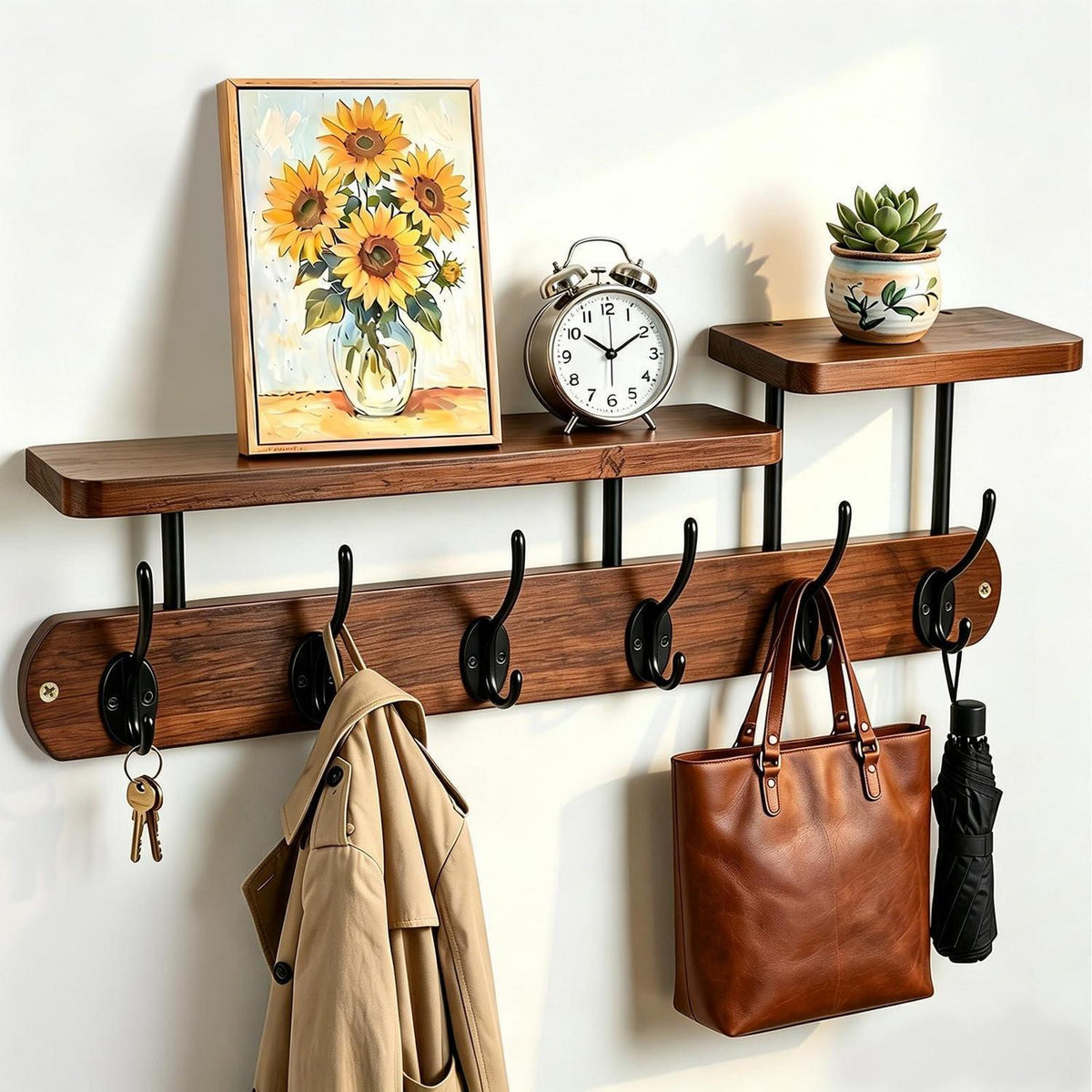 Holz Garderobe Wandregal mit 6 Haken & Ablage Vintage
