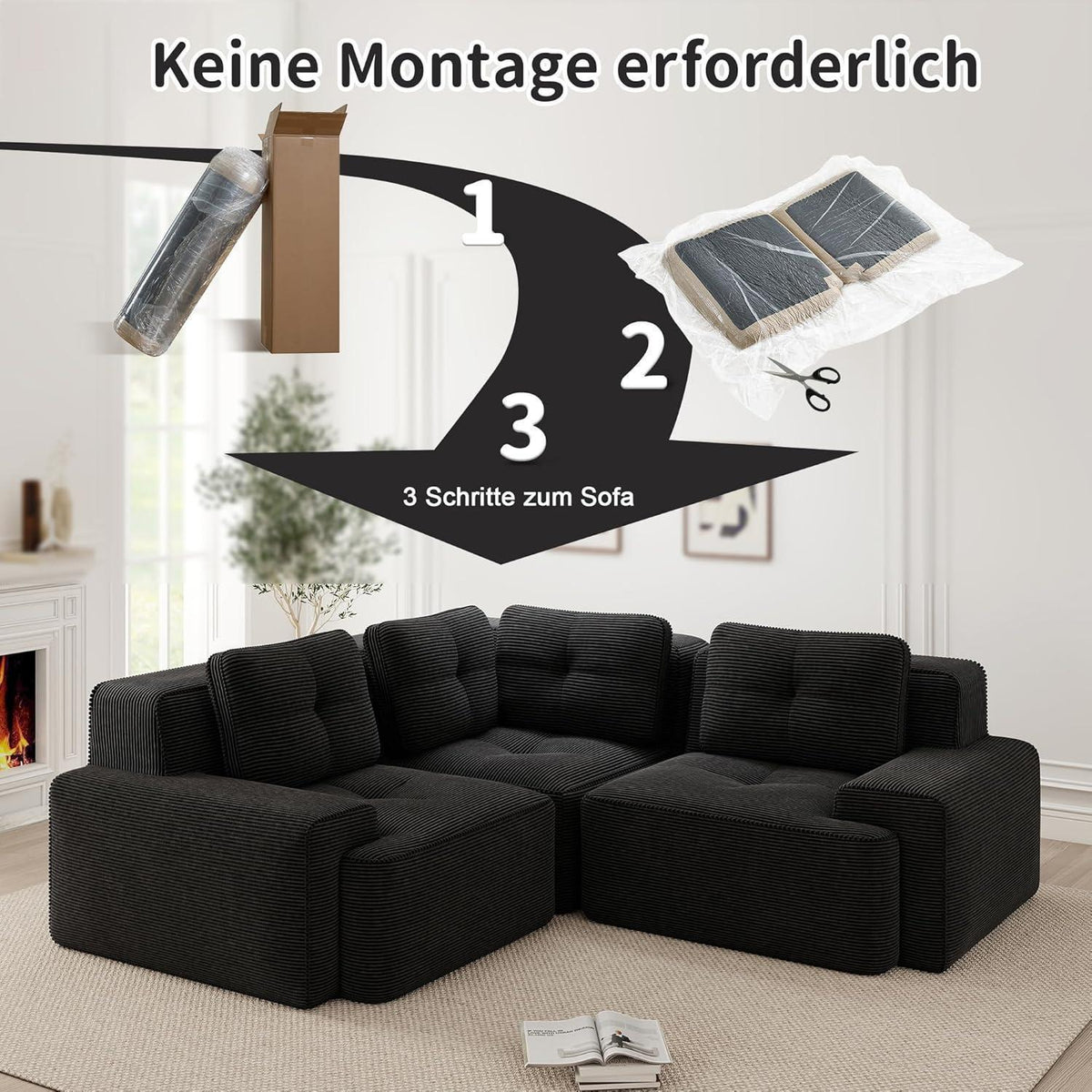 Modulares Ecksofa Schwarz 177x177 cm – Cordstoff & Boneless
