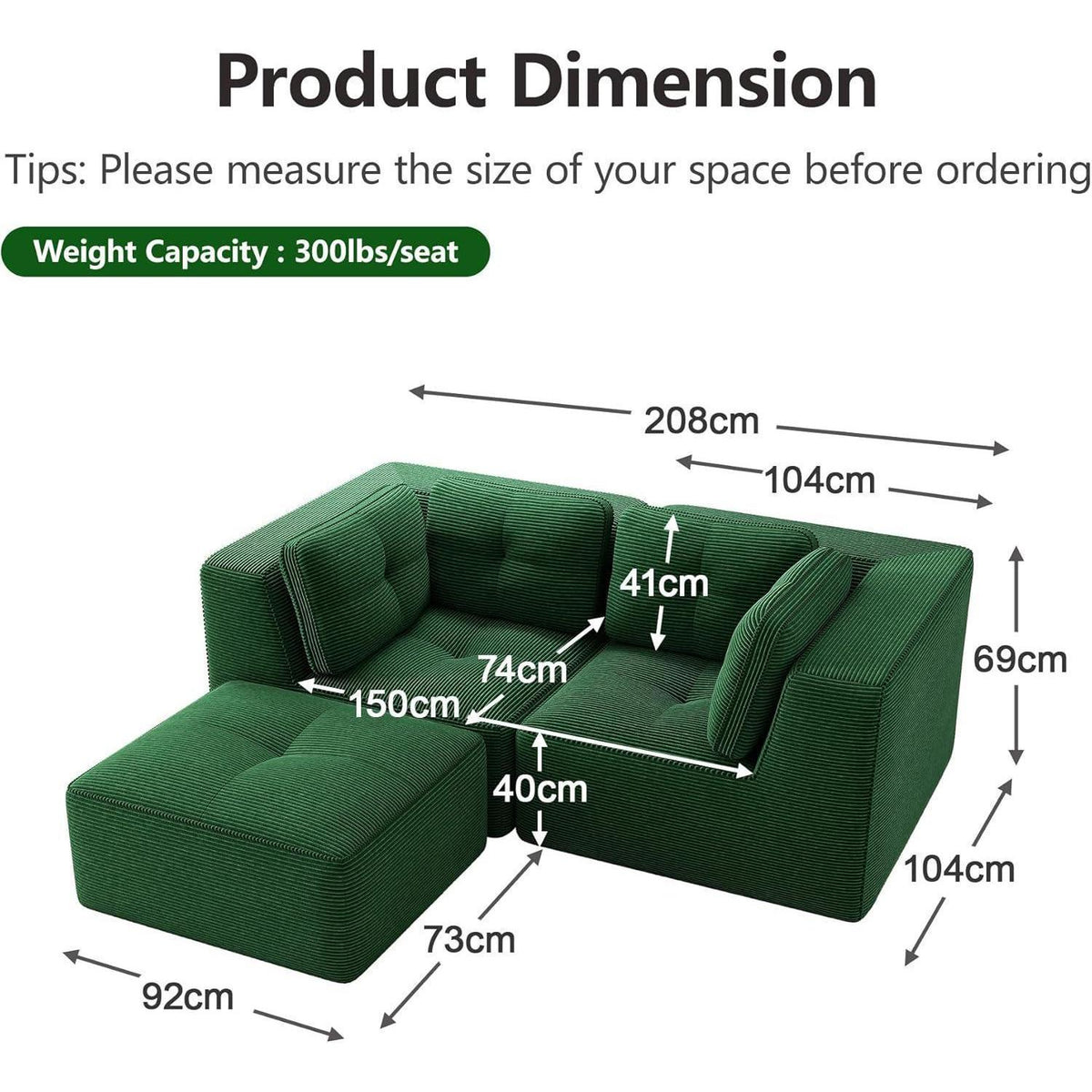 Modulares Ecksofa Grün 2-Sitzer + Fußhocker, Cordstoff, Ohne Montage