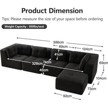 Modulares Ecksofa 4-Sitzer mit Fußhocker, Cordstoff, Schwarz