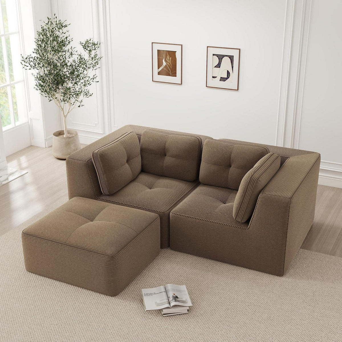Modulares Ecksofa Braun, 2-Sitzer + Fußhocker, Cordstoff, Ohne Montage