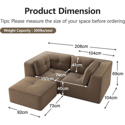 Modulares Ecksofa Braun, 2-Sitzer + Fußhocker, Cordstoff, Ohne Montage