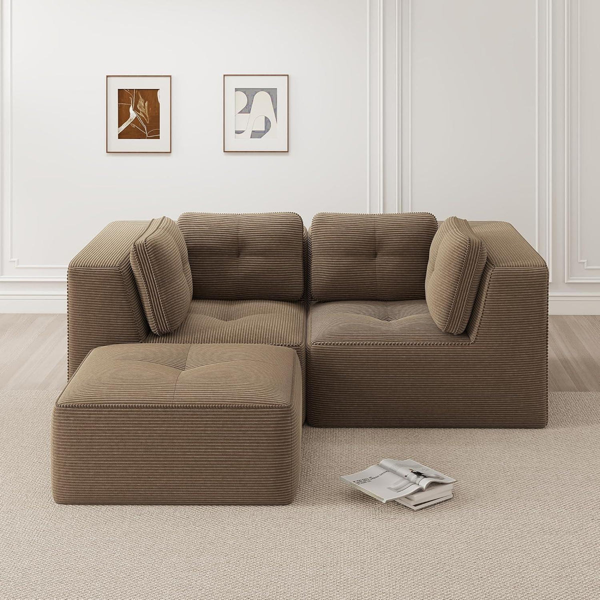 Modulares Ecksofa Braun, 2-Sitzer + Fußhocker, Cordstoff, Ohne Montage