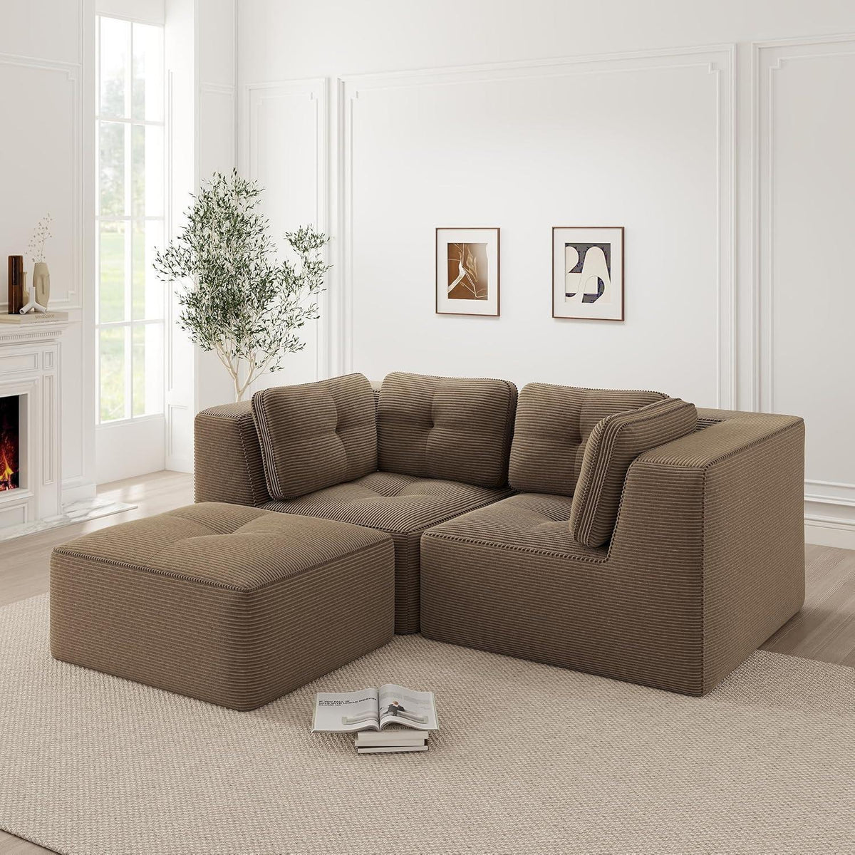 Modulares Ecksofa Braun, 2-Sitzer + Fußhocker, Cordstoff, Ohne Montage