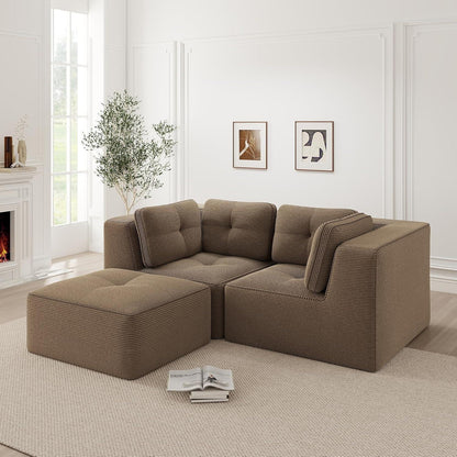 Modulares Ecksofa Braun, 2-Sitzer + Fußhocker, Cordstoff, Ohne Montage
