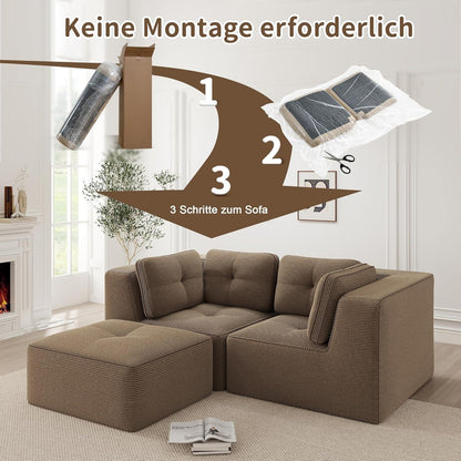Modulares Ecksofa Braun, 2-Sitzer + Fußhocker, Cordstoff, Ohne Montage
