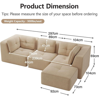 Modulares Ecksofa 3-Sitzer mit Fußhocker, Beige Cordstoff