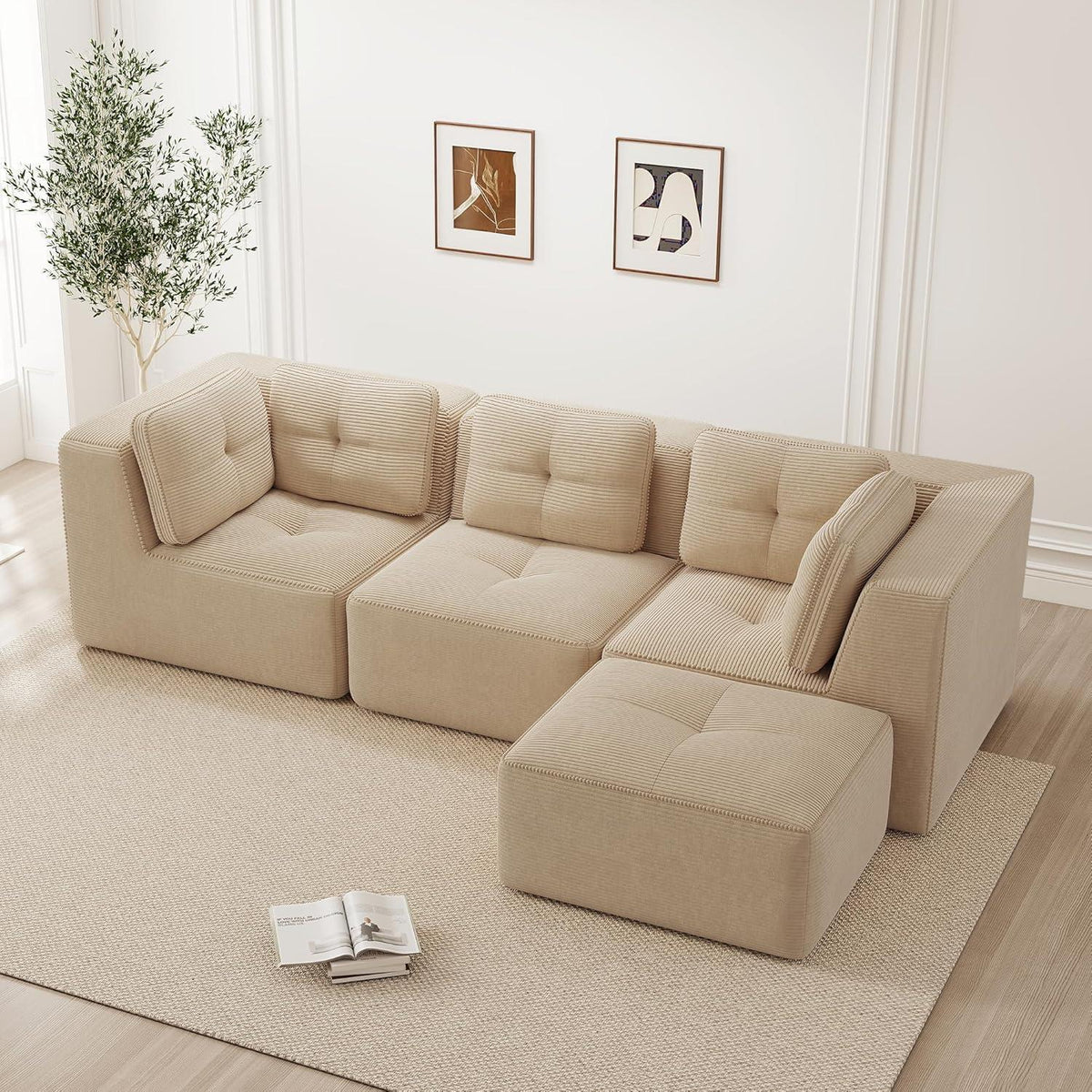 Modulares Ecksofa 3-Sitzer mit Fußhocker, Beige Cordstoff