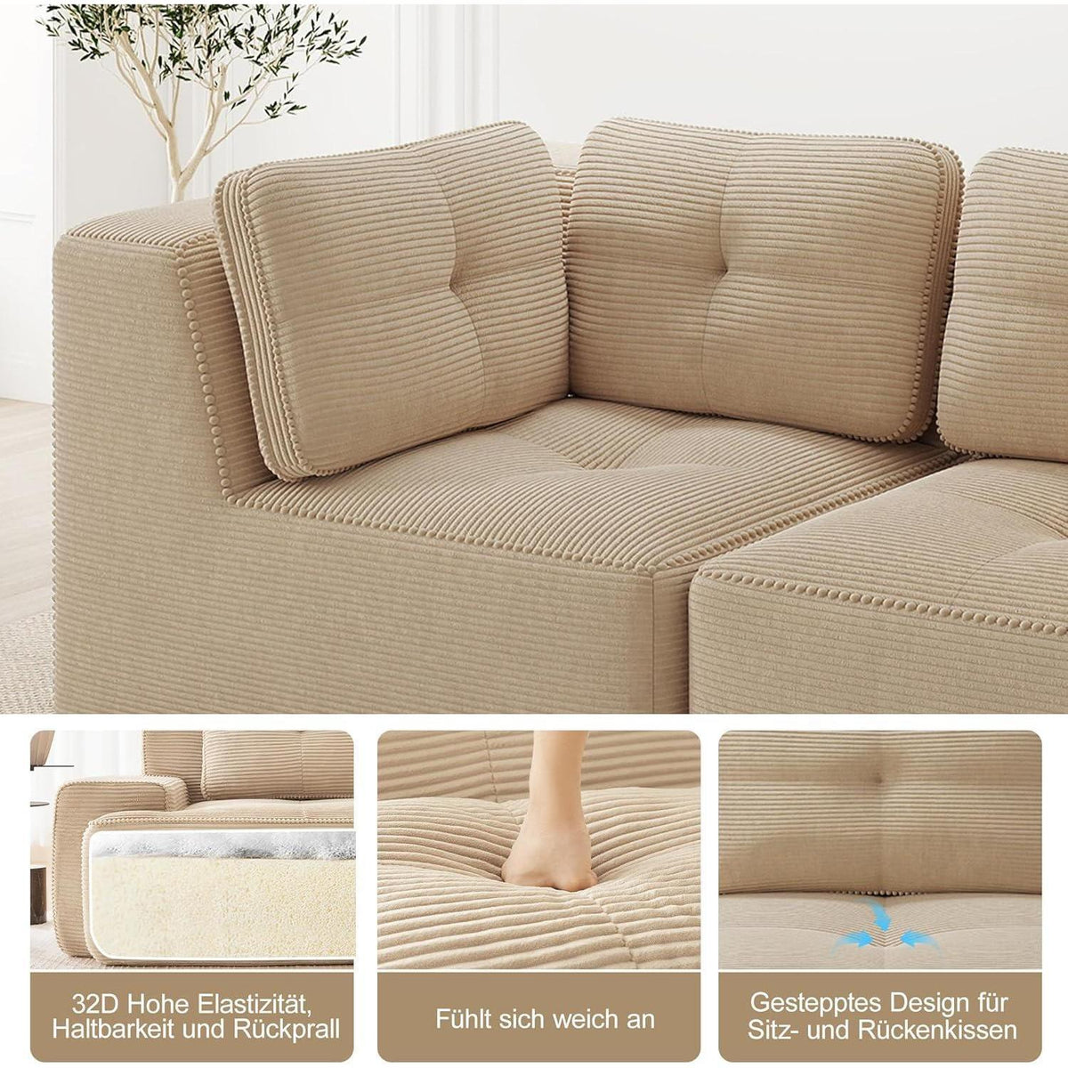 Modulares Ecksofa 3-Sitzer mit Fußhocker, Beige Cordstoff