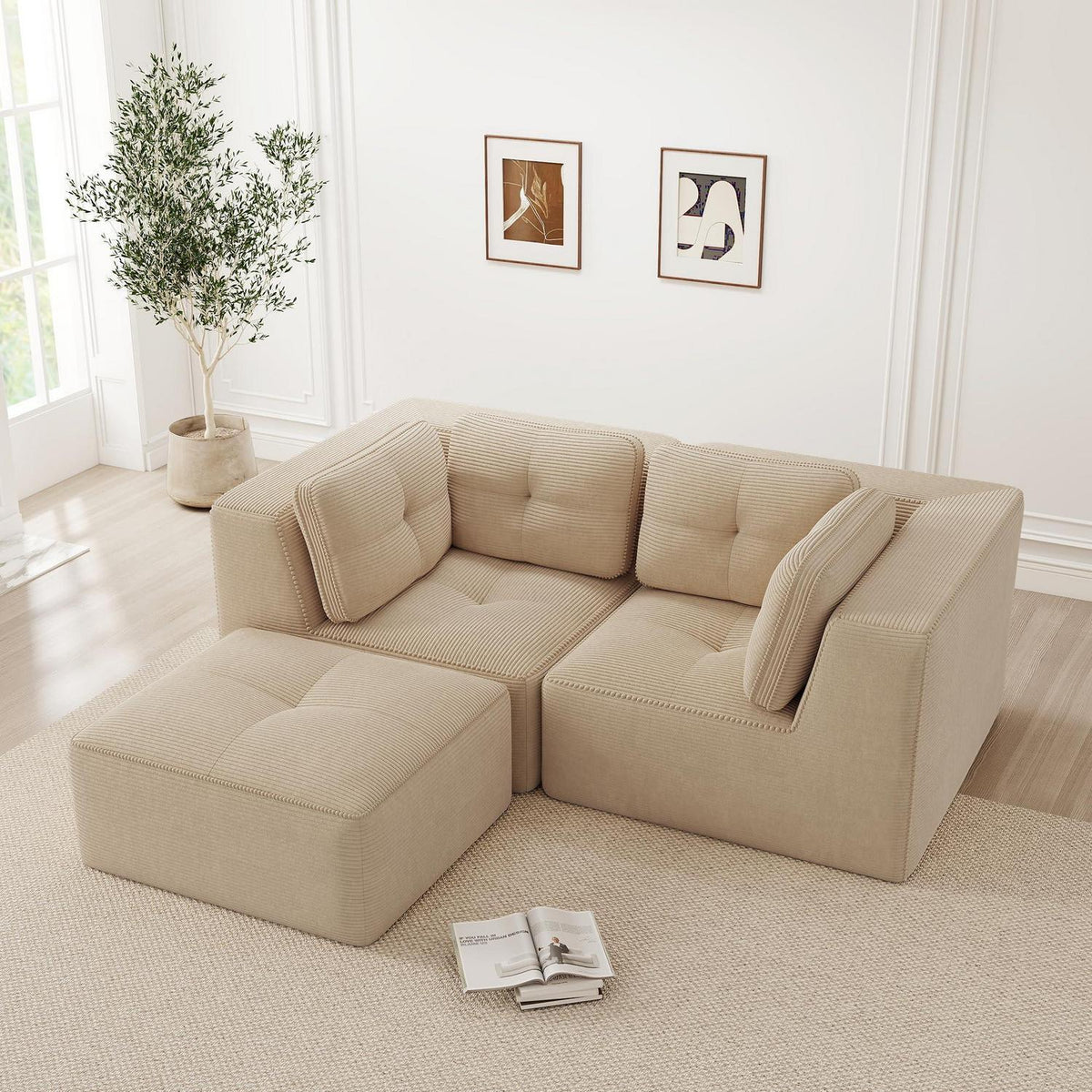 Modulares Cord-Ecksofa mit Fußhocker – Beige