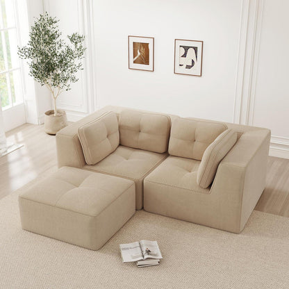 Modulares Cord-Ecksofa mit Fußhocker – Beige