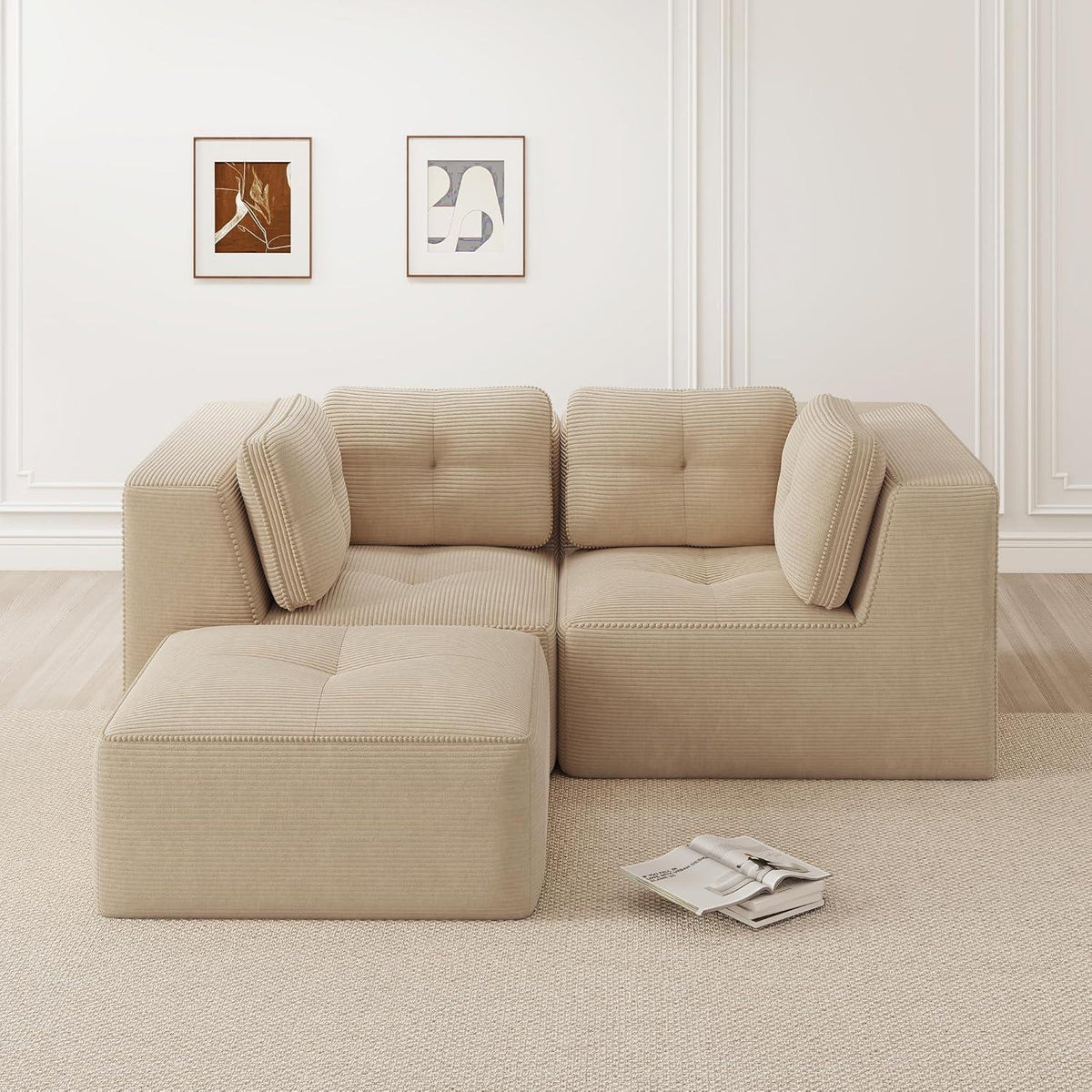 Modulares Cord-Ecksofa mit Fußhocker – Beige