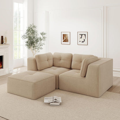 Modulares Cord-Ecksofa mit Fußhocker – Beige