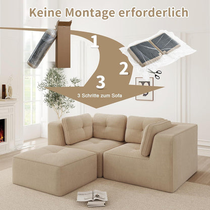 Modulares Cord-Ecksofa mit Fußhocker – Beige