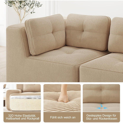 Modulares Cord-Ecksofa mit Fußhocker – Beige