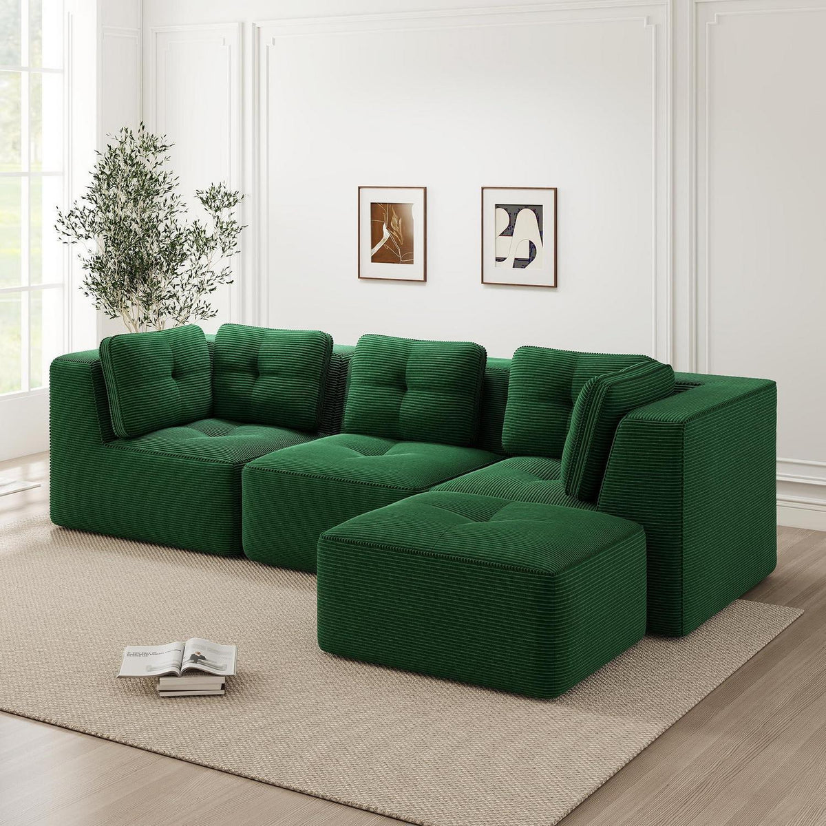 Modulares Ecksofa Grün 3-Sitzer mit Fußhocker – Cordstoff, Ohne Montage