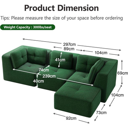 Modulares Ecksofa Grün 3-Sitzer mit Fußhocker – Cordstoff, Ohne Montage