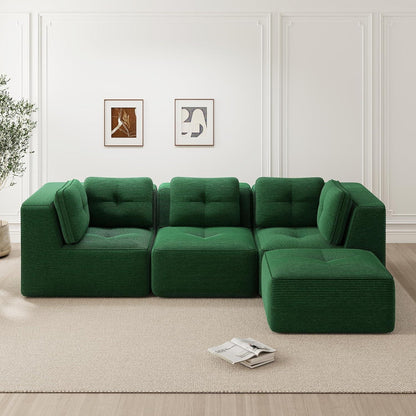 Modulares Ecksofa Grün 3-Sitzer mit Fußhocker – Cordstoff, Ohne Montage