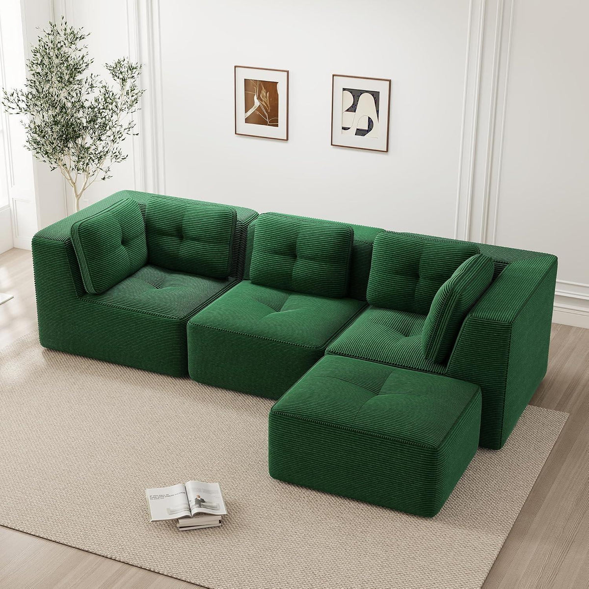 Modulares Ecksofa Grün 3-Sitzer mit Fußhocker – Cordstoff, Ohne Montage