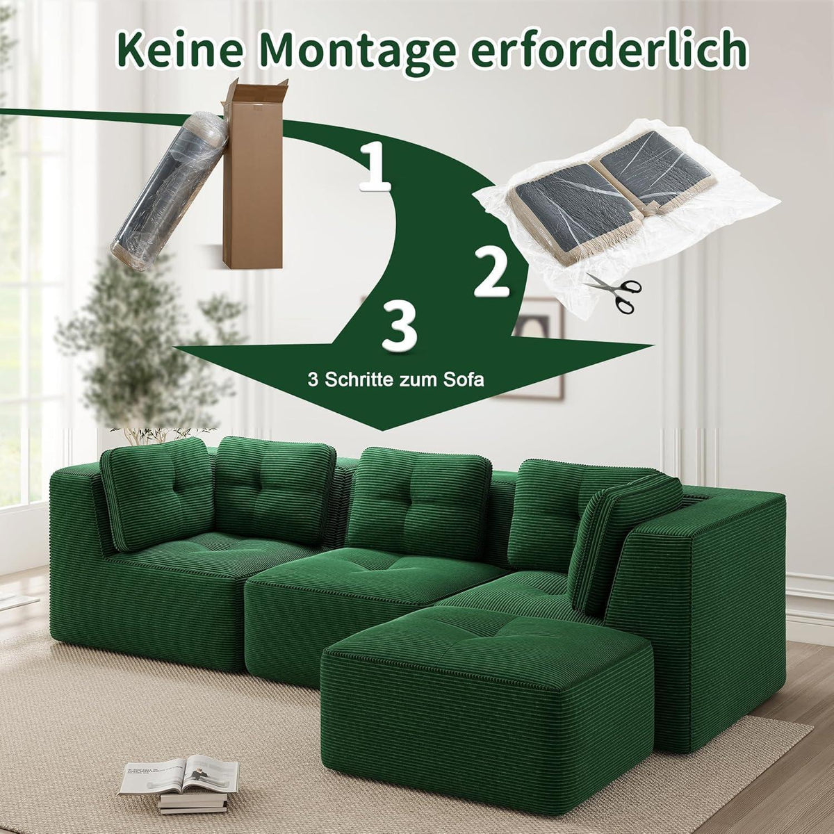 Modulares Ecksofa Grün 3-Sitzer mit Fußhocker – Cordstoff, Ohne Montage