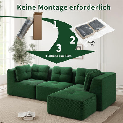 Modulares Ecksofa Grün 3-Sitzer mit Fußhocker – Cordstoff, Ohne Montage