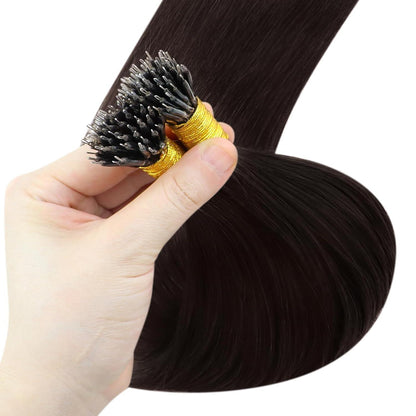 Dunkelbraune Echthaar Nanoring Extensions – 50cm