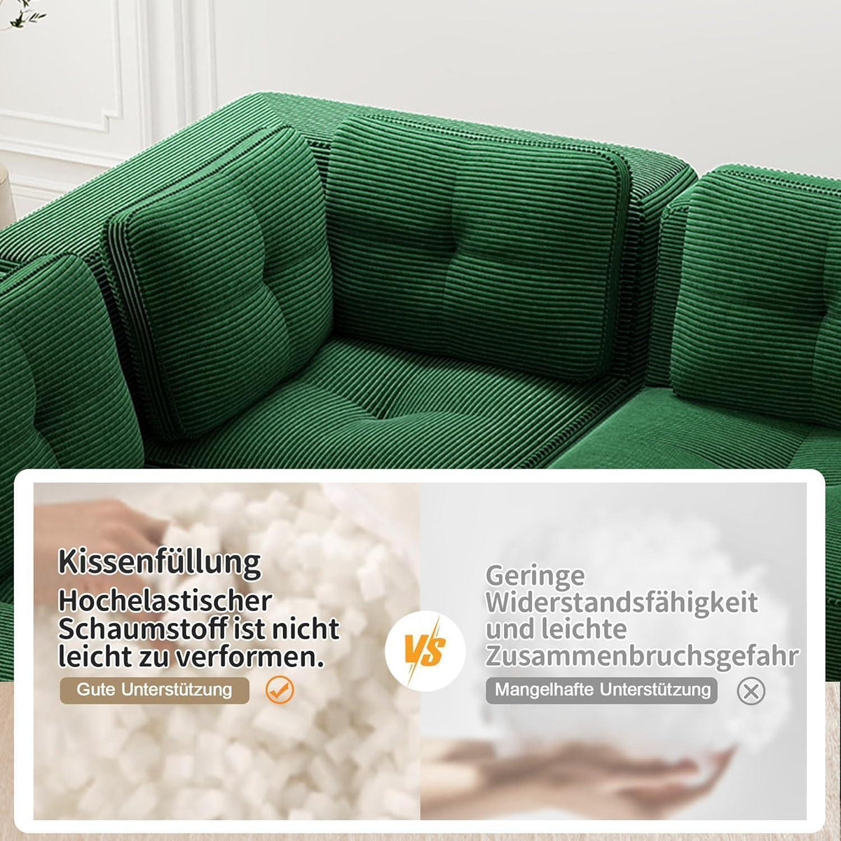 Grünes Ecksofa modular, 177x382 cm, Cordstoff, Boneless