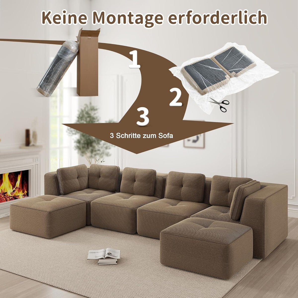 Modulares Ecksofa 4-Sitzer mit Fußhocker, Braun