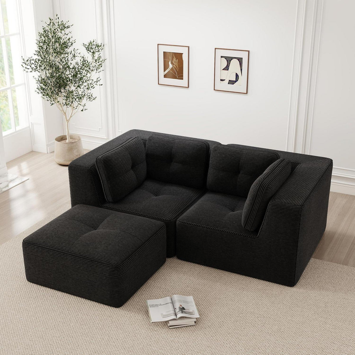 Modulares Ecksofa 2-Sitzer mit Fußhocker, Schwarz