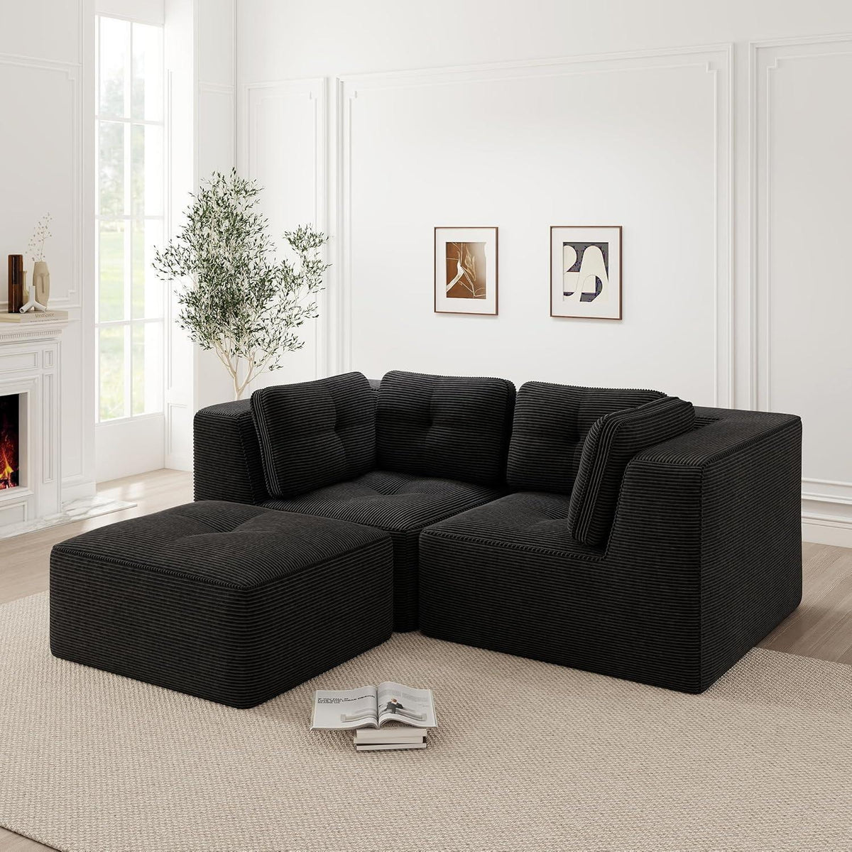 Modulares Ecksofa 2-Sitzer mit Fußhocker, Schwarz