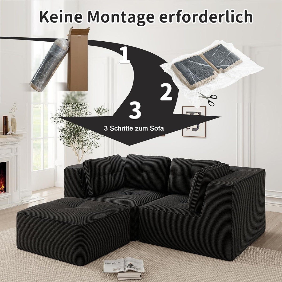 Modulares Ecksofa 2-Sitzer mit Fußhocker, Schwarz