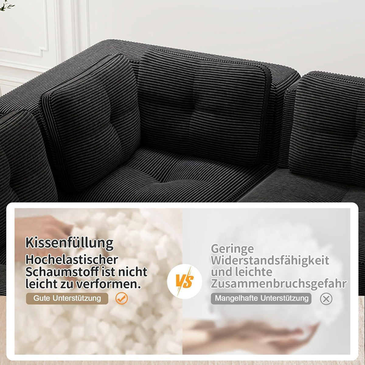 Modulares Ecksofa 2-Sitzer mit Fußhocker, Schwarz