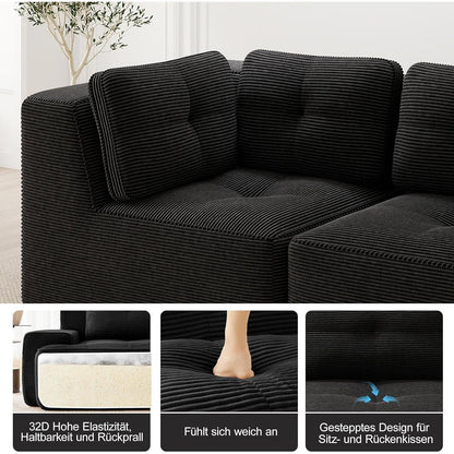 Modulares Ecksofa 2-Sitzer mit Fußhocker, Schwarz