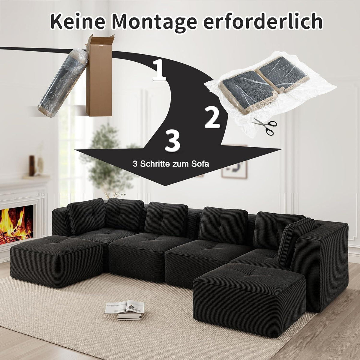 Modulares Ecksofa 4-Sitzer mit Fußhocker, Cordstoff Schwarz