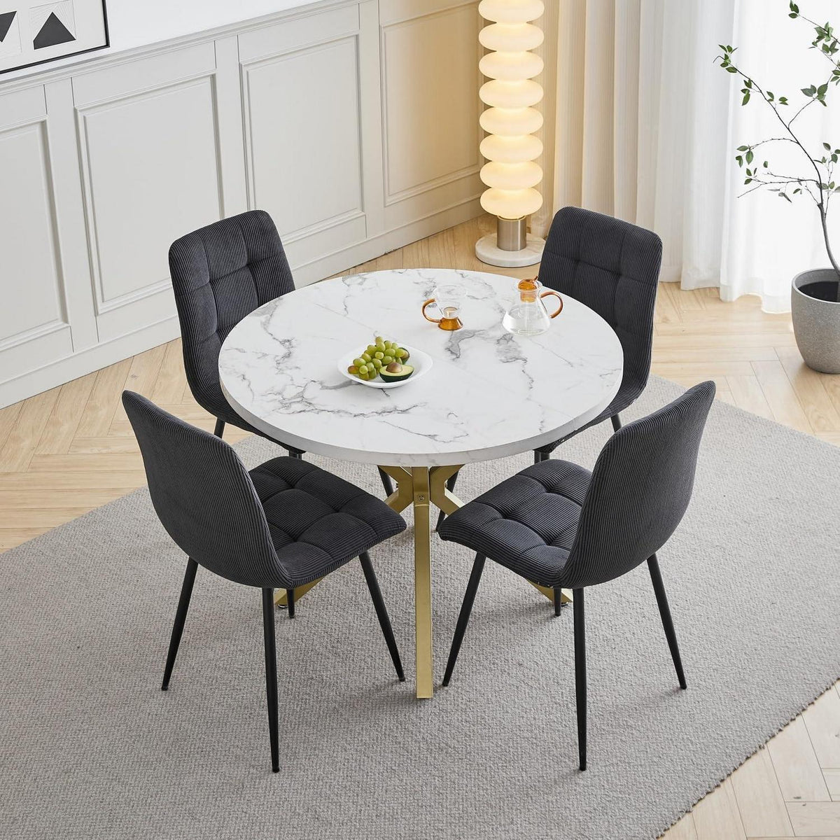 Moderner Esstisch Set mit 4 Samtstühlen – Rund 100cm